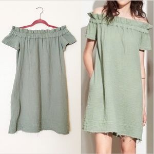 Anthropologie Off the Shoulder Sage Green Mini Dress - Size XS